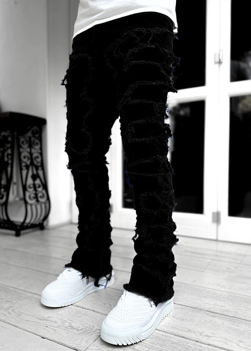 Men Trousers Individual Patched Pants Long Tight Fit Stacked Jeans