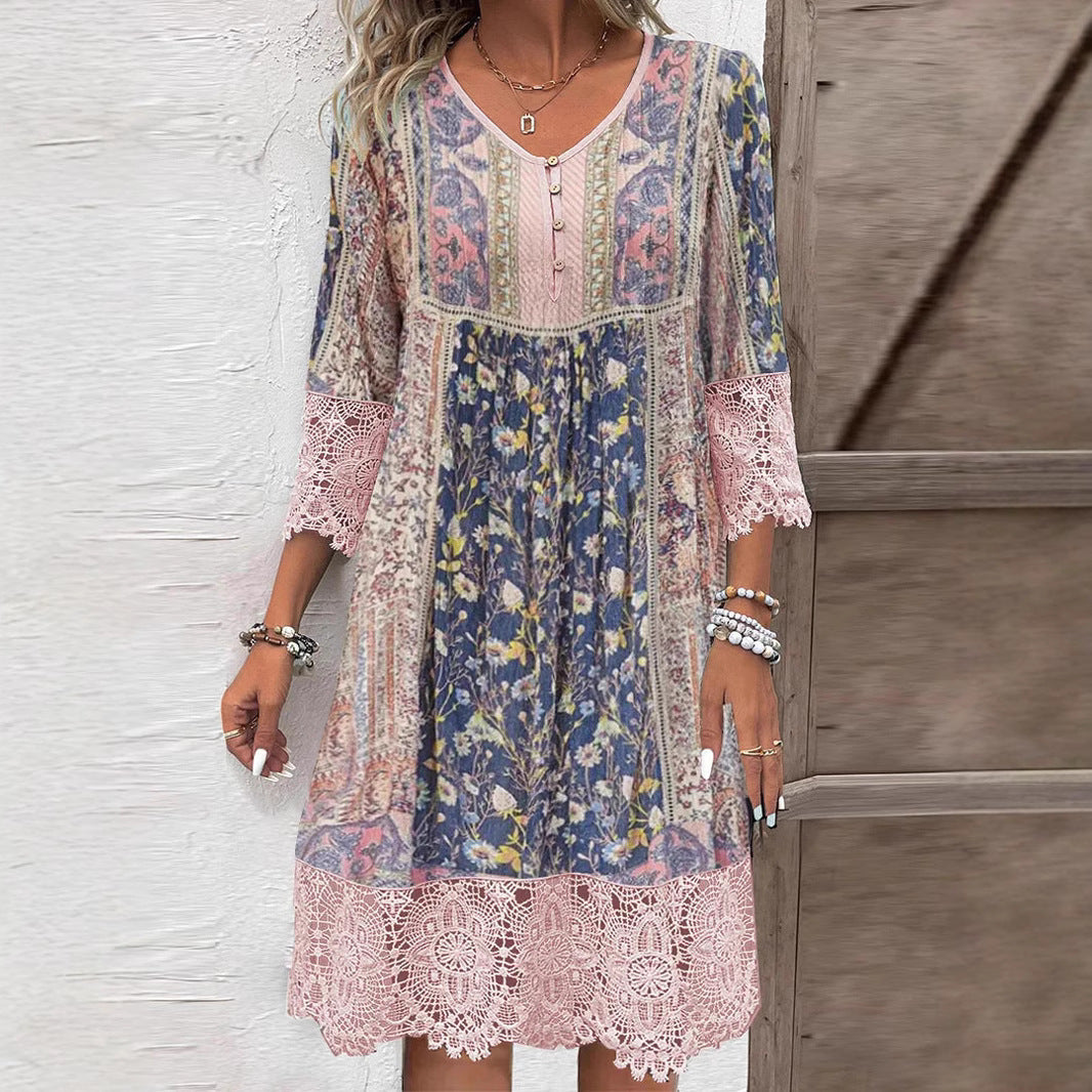 Spring And Summer Retro Printed Lace Women's Clothing Dress