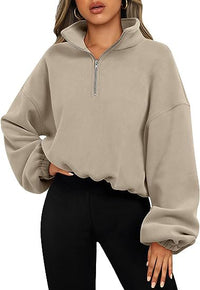 Pullover Hoodie Women Winter Solid Colour Zipper Stand Collar