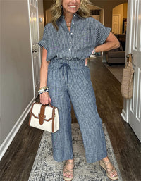 Women's Striped Suit Lapel Short Sleeve Straight  Trousers