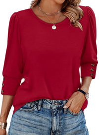Women's Elegant 34 Sleeves Round Neck T-shirt With Buttons