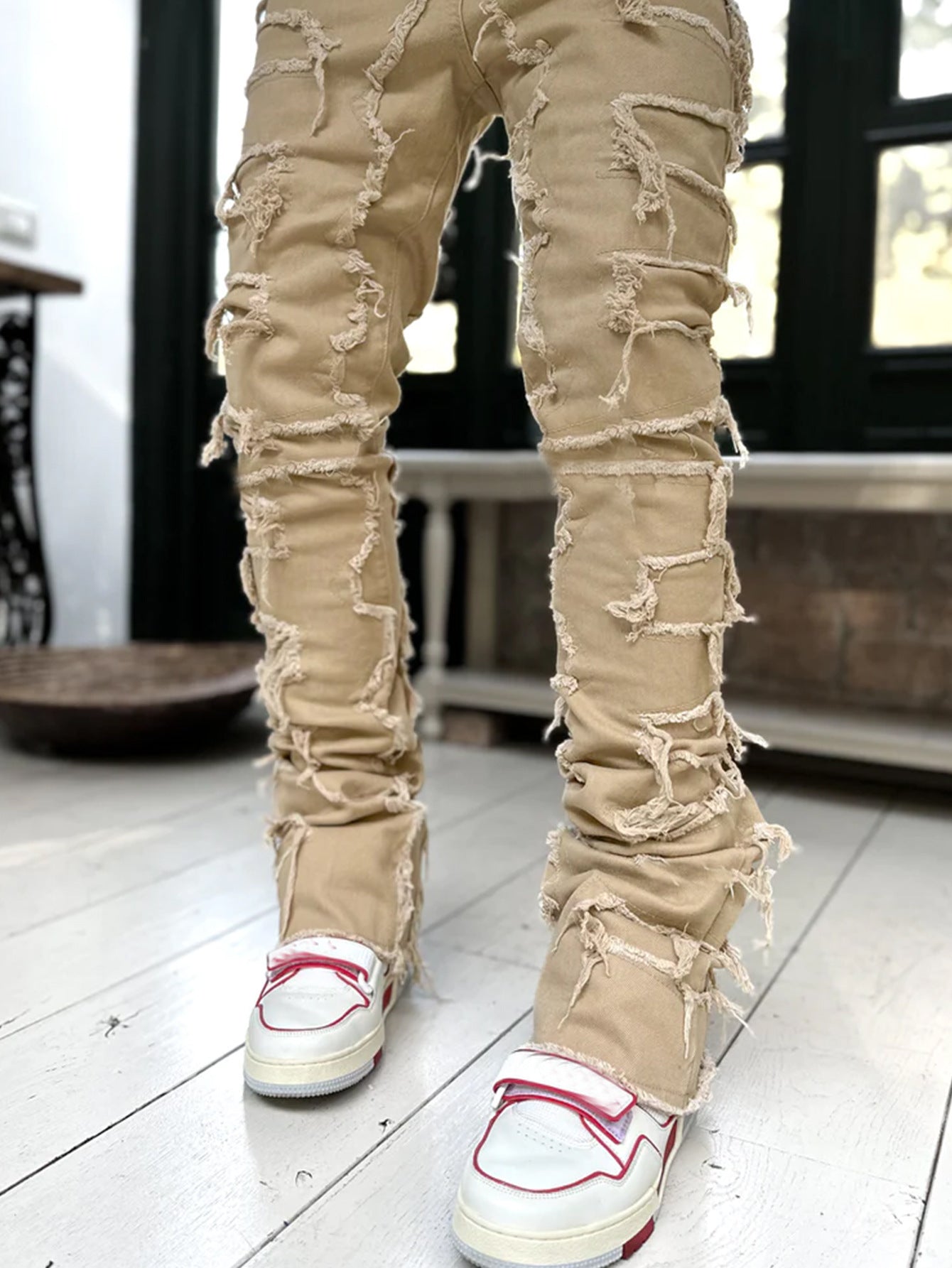 Men Trousers Individual Patched Pants Long Tight Fit Stacked Jeans