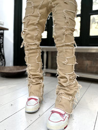 Men Trousers Individual Patched Pants Long Tight Fit Stacked Jeans