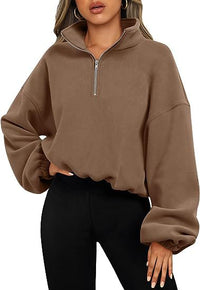 Pullover Hoodie Women Winter Solid Colour Zipper Stand Collar