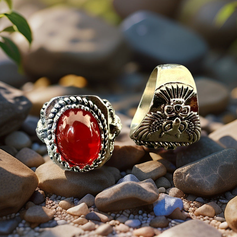Vintage Natural Stone Distressed Carved Totem Owl Copper Ring