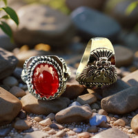 Vintage Natural Stone Distressed Carved Totem Owl Copper Ring