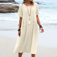 Cotton Linen Short-sleeve Mid-length Dresses Women