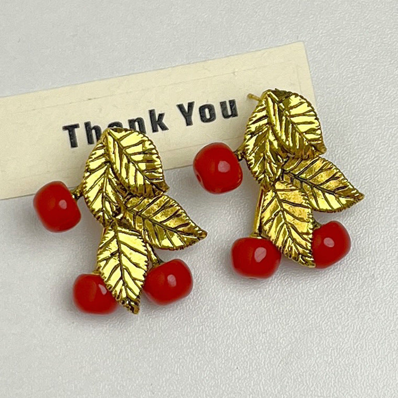 Red Cherry Unique Leaf Earrings
