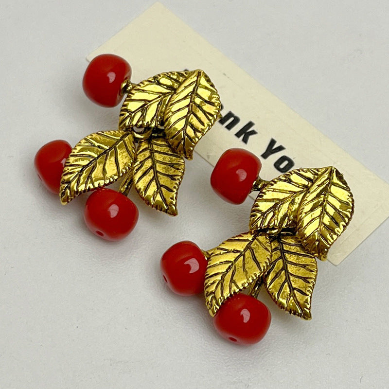 Red Cherry Unique Leaf Earrings