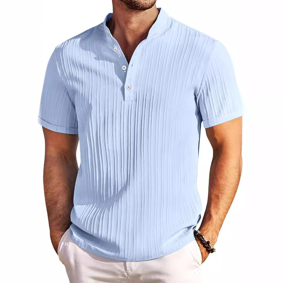 Stand Collar Buttons Short Sleeve T-shirt Solid Colour Stripe POLO