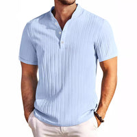 Stand Collar Buttons Short Sleeve T-shirt Solid Colour Stripe POLO