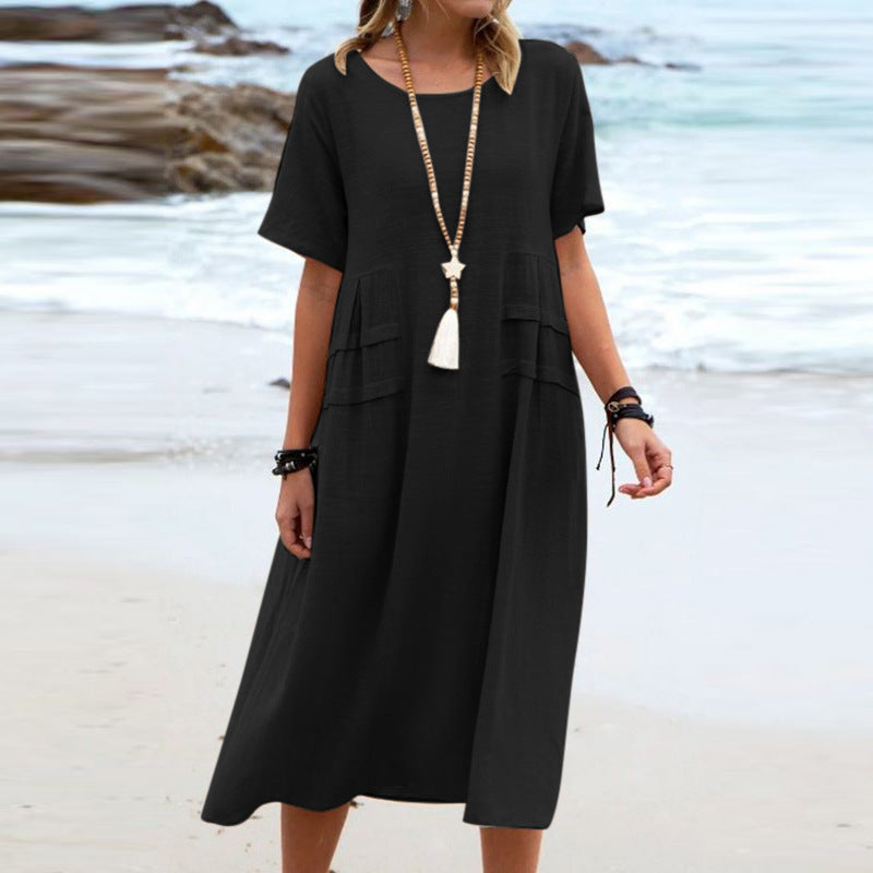 Cotton Linen Short-sleeve Mid-length Dresses Women