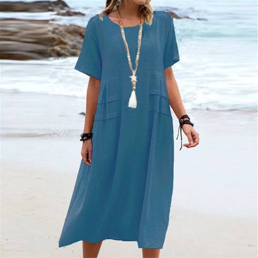 Cotton Linen Short-sleeve Mid-length Dresses Women