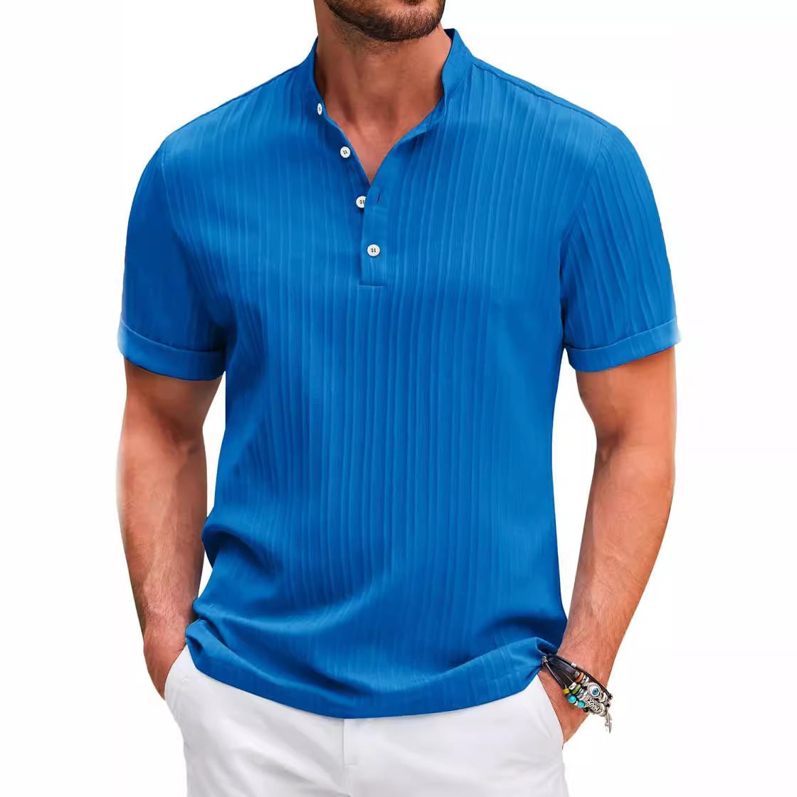 Stand Collar Buttons Short Sleeve T-shirt Solid Colour Stripe POLO