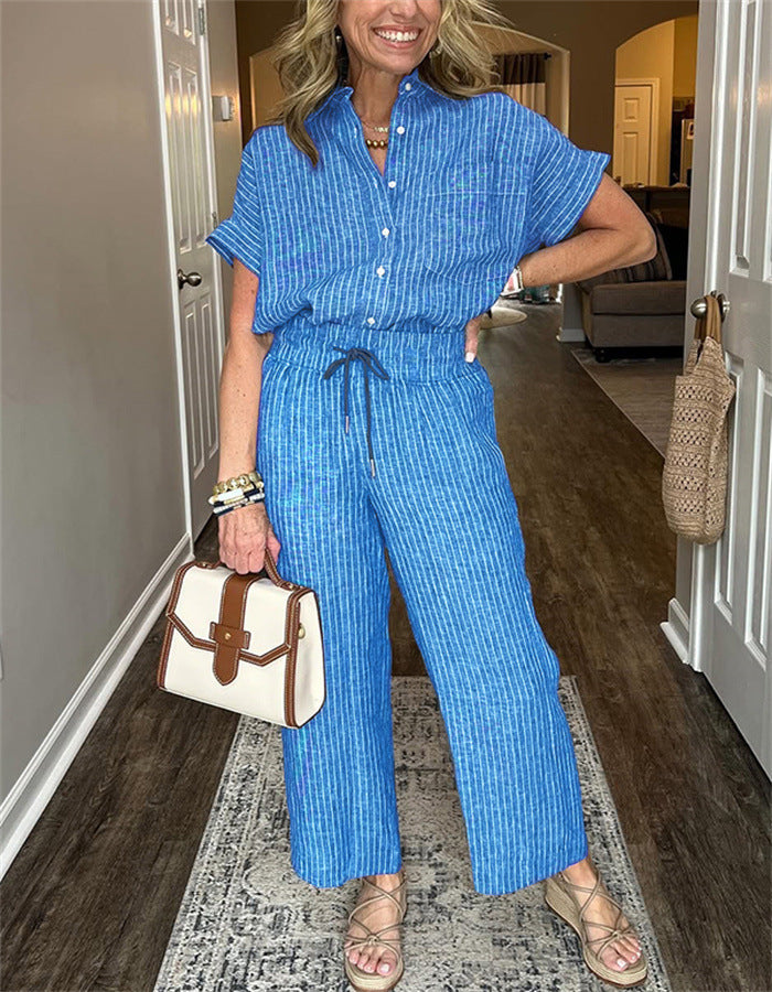 Women's Striped Suit Lapel Short Sleeve Straight  Trousers