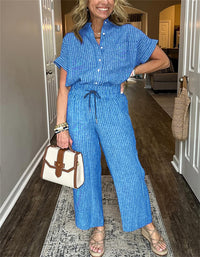 Women's Striped Suit Lapel Short Sleeve Straight  Trousers