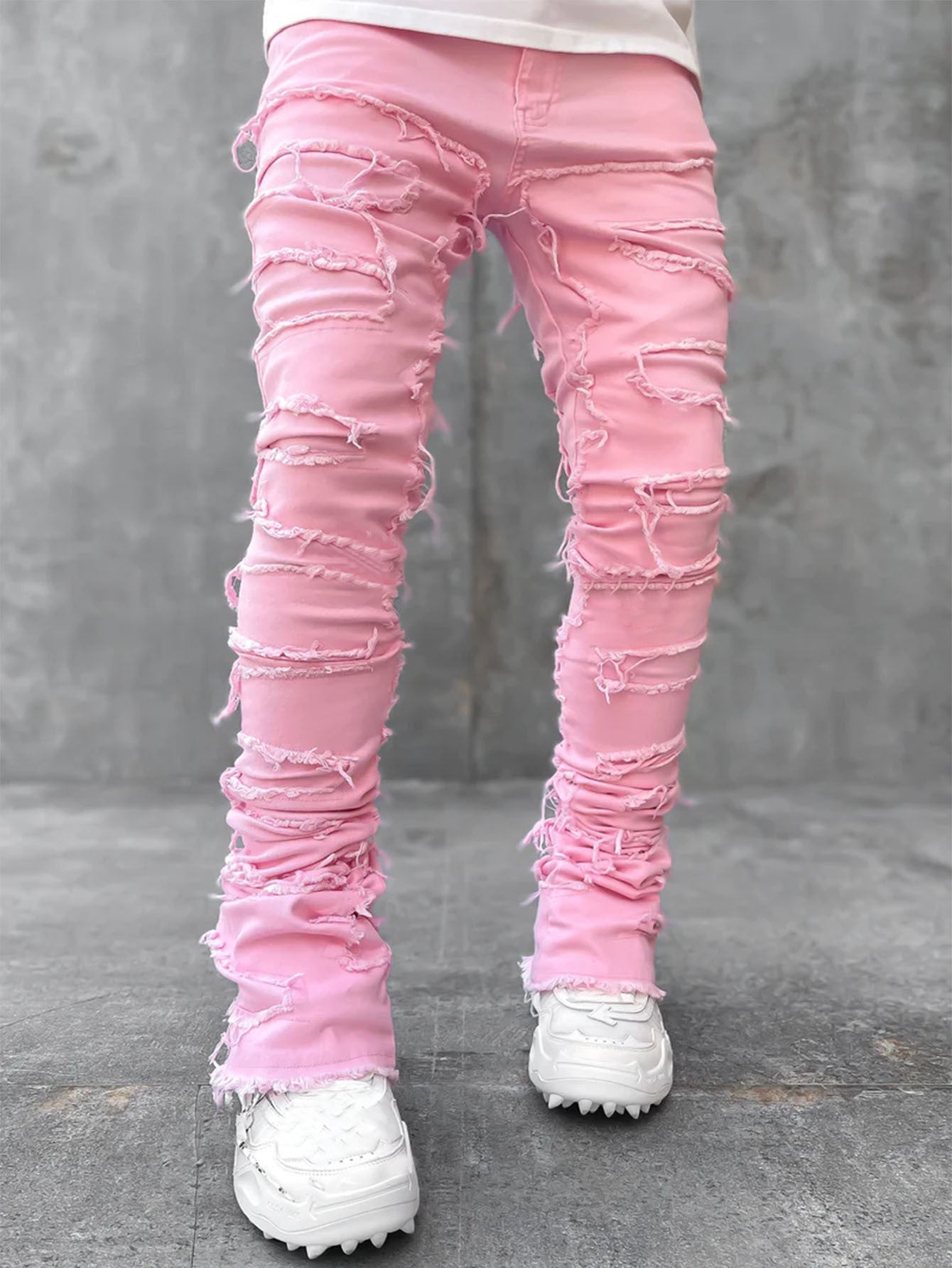 Men Trousers Individual Patched Pants Long Tight Fit Stacked Jeans