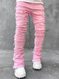 Men Trousers Individual Patched Pants Long Tight Fit Stacked Jeans
