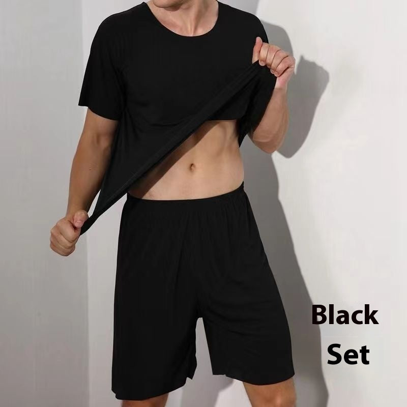 Advanced Ice Silk Round Neck Solid Color Short Sleeve Shorts Suit