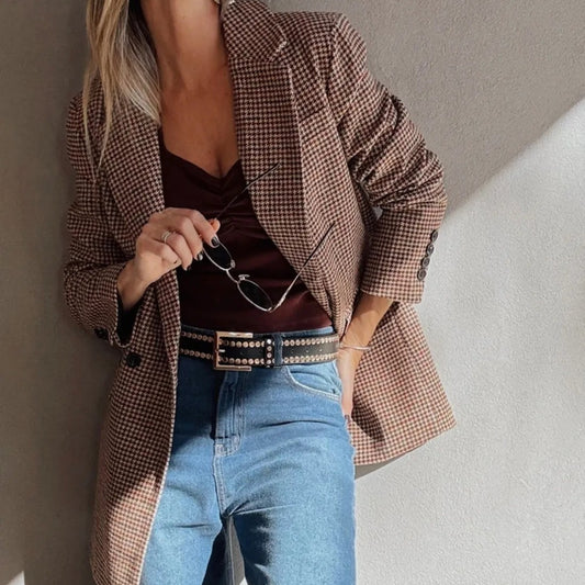 Brown Houndstooth Lapel Collar Blazer
