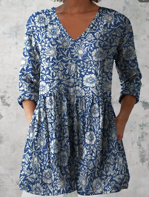Women's Retro Floral Print Casual Cotton Linen V-neck Top