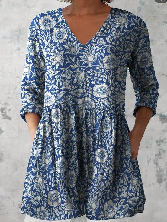Women's Retro Floral Print Casual Cotton Linen V-neck Top