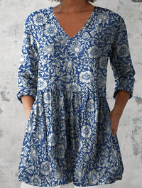 Women's Retro Floral Print Casual Cotton Linen V-neck Top