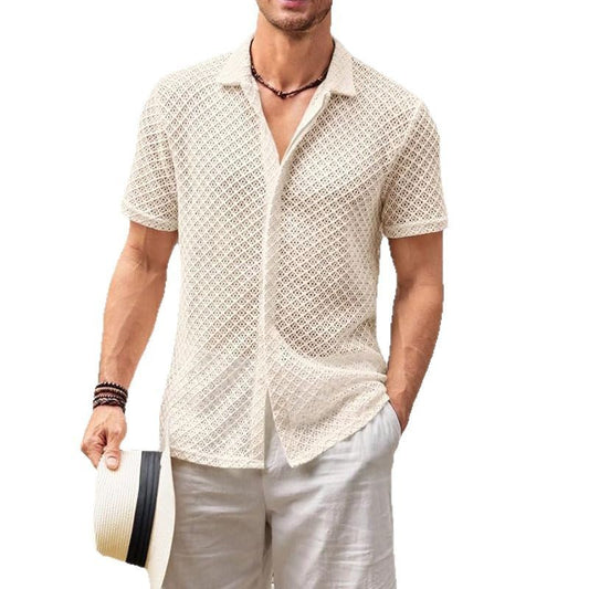 Mesh Short Sleeve Shirt Fashion Solid Color Lapel Shirt