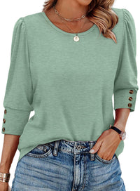 Women's Elegant 34 Sleeves Round Neck T-shirt With Buttons