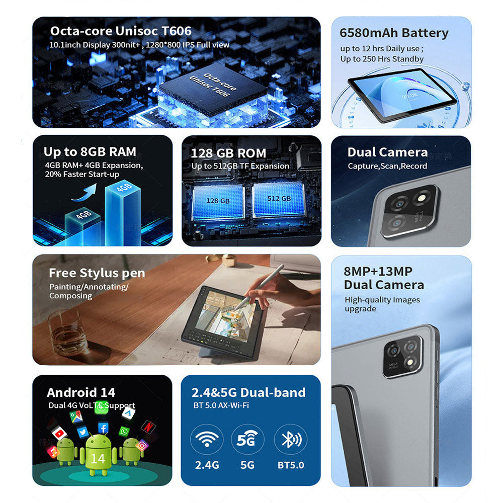 G-tab T11 Android 14 Tablet 10.1 Inch 1280&800 IPS Screen