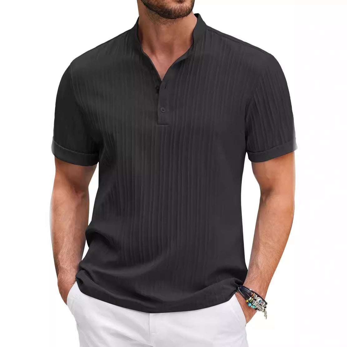 Stand Collar Buttons Short Sleeve T-shirt Solid Colour Stripe POLO