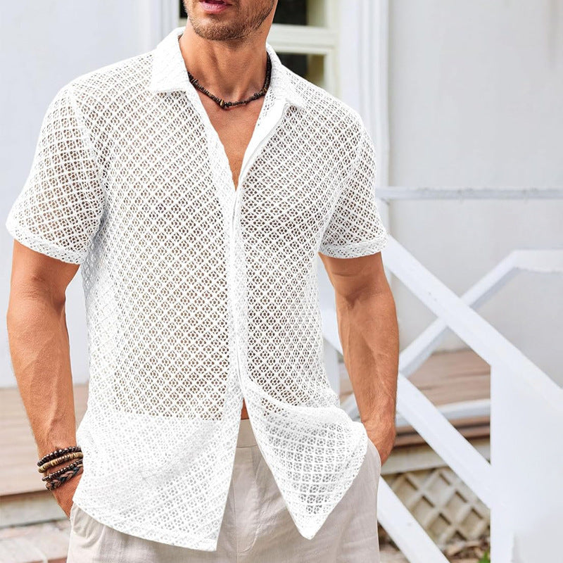 Mesh Short Sleeve Shirt Fashion Solid Color Lapel Shirt