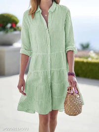 Striped Long-sleeved Shirt Dress Fashion Lapel Button Dresses