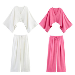 Asymmetric Linen Top Wide Leg Pants Two-piece Suit