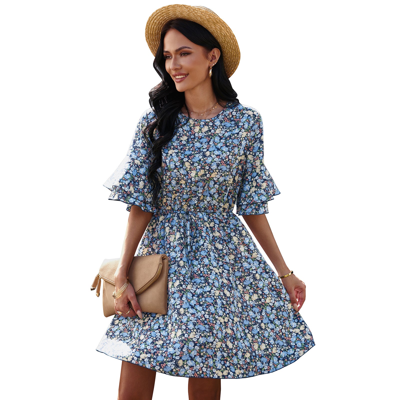 European And American Women's Half Sleeve Floral Chiffon Dress