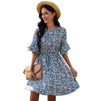 European And American Women's Half Sleeve Floral Chiffon Dress