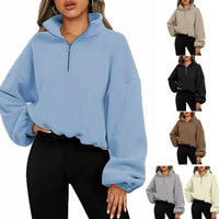 Pullover Hoodie Women Winter Solid Colour Zipper Stand Collar