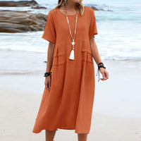 Cotton Linen Short-sleeve Mid-length Dresses Women