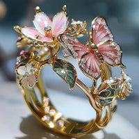 INS Flower Butterfly Ring With Rhinestones And Oil Dropping