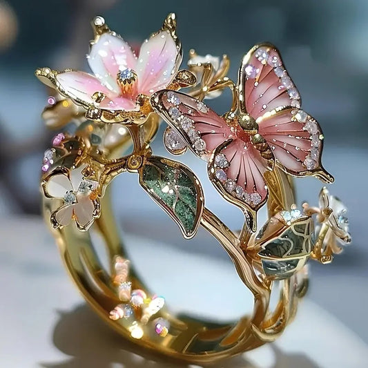 INS Flower Butterfly Ring With Rhinestones And Oil Dropping