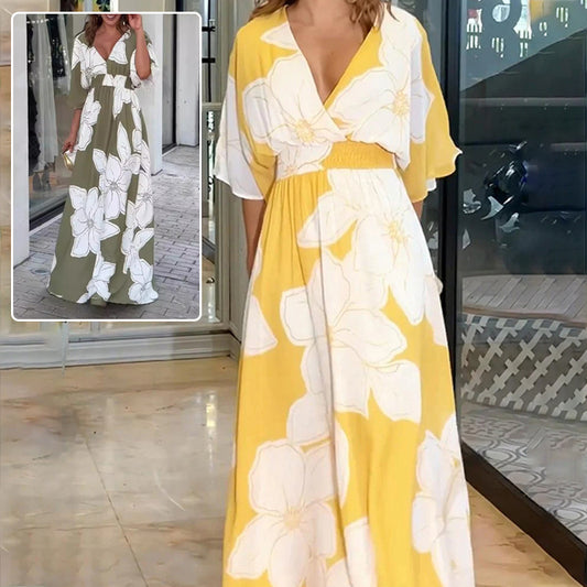 Flower Printed V-neck Batwing-sleeved Dress