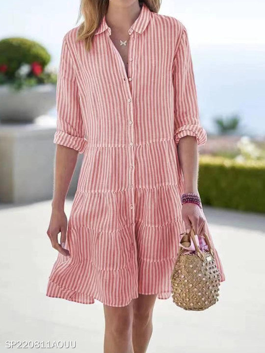 Striped Long-sleeved Shirt Dress Fashion Lapel Button Dresses