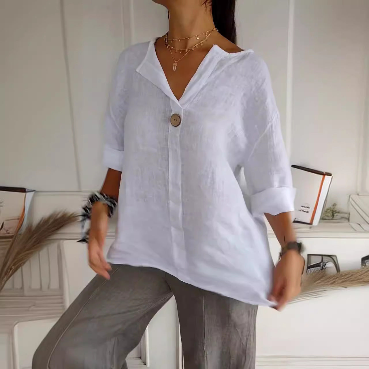 V-neck Long-sleeved T-shirt Fashion Loose Cotton trendy clothing