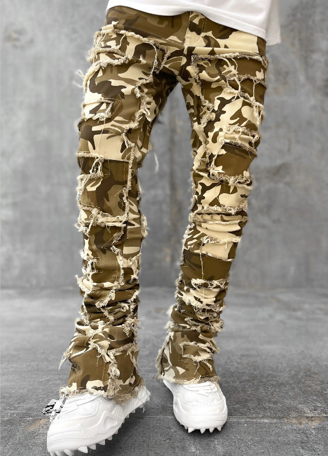 Men Trousers Individual Patched Pants Long Tight Fit Stacked Jeans