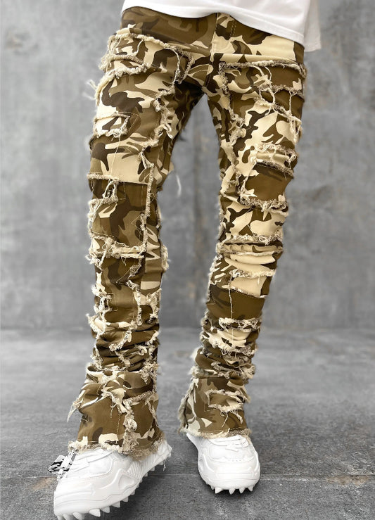 Men Trousers Individual Patched Pants Long Tight Fit Stacked Jeans