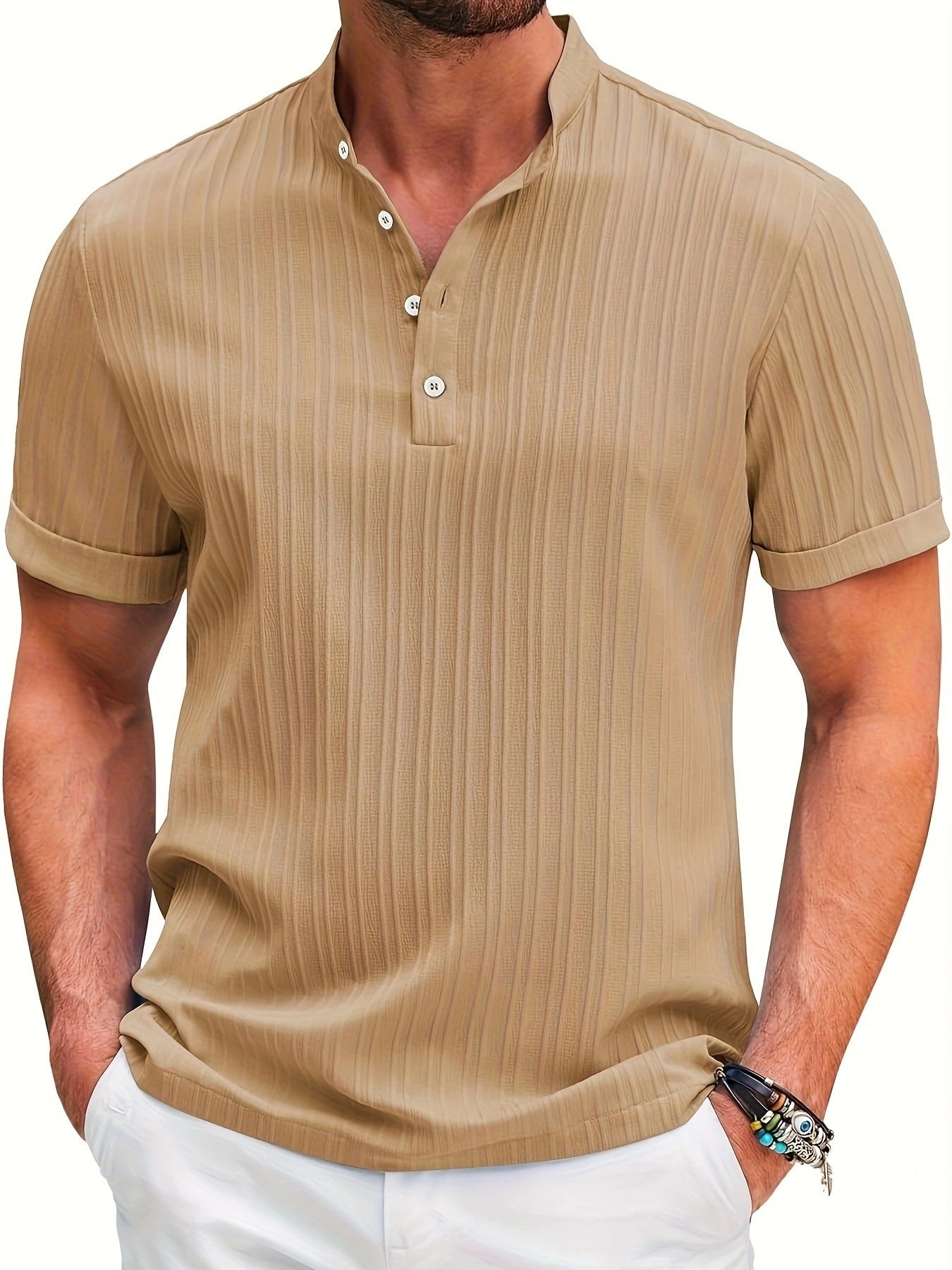 Stand Collar Buttons Short Sleeve T-shirt Solid Colour Stripe POLO