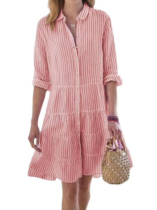 Striped Long-sleeved Shirt Dress Fashion Lapel Button Dresses