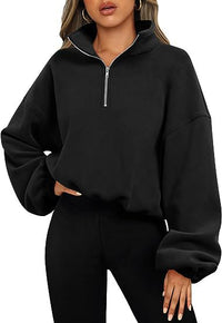 Pullover Hoodie Women Winter Solid Colour Zipper Stand Collar