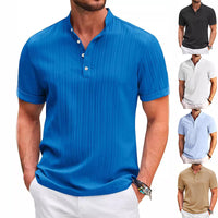 Stand Collar Buttons Short Sleeve T-shirt Solid Colour Stripe POLO