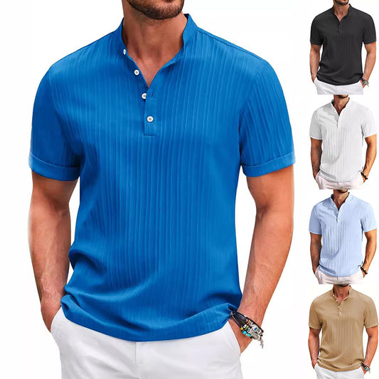 Stand Collar Buttons Short Sleeve T-shirt Solid Colour Stripe POLO